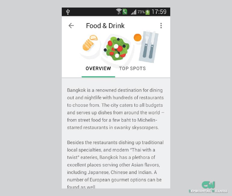 Vue d'ensemble de la rubrique Food and Drink dans Google Trips