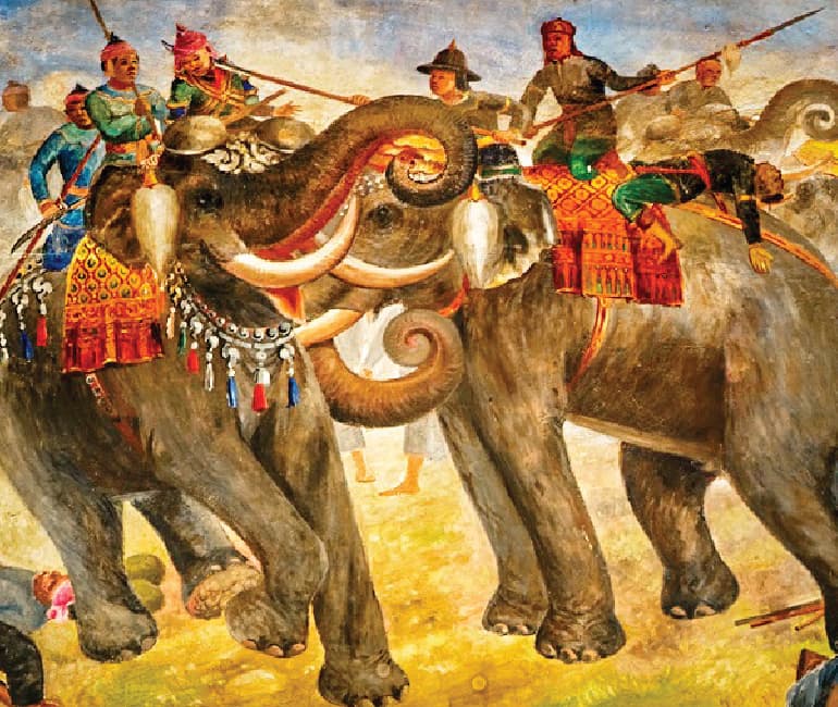 Peinture représentant une bataille historique à dos d'éléphant entre le Siam et la Birmanie